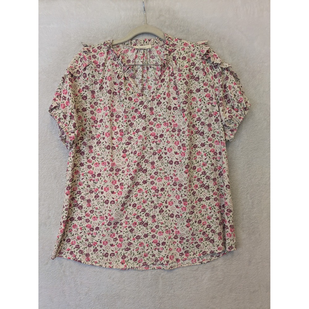 Les Amis Blouse Women's Medium Pink Floral Ruffle V-Neck Short Sleeve